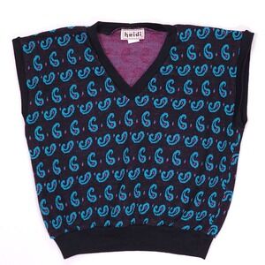 Heidi Vintage 80s Paisley Knit Sweater Vest V-Neck Sleeveless Black Teal Pink L